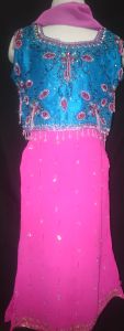 Kids Costumes to Hire - Indian: Blue sequin top & Pink Skirt & scarf - 3pce
